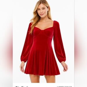 City Studio Red Velvet Long Sleeve Mini Dress Lace Up Back Large 10 11 12 13